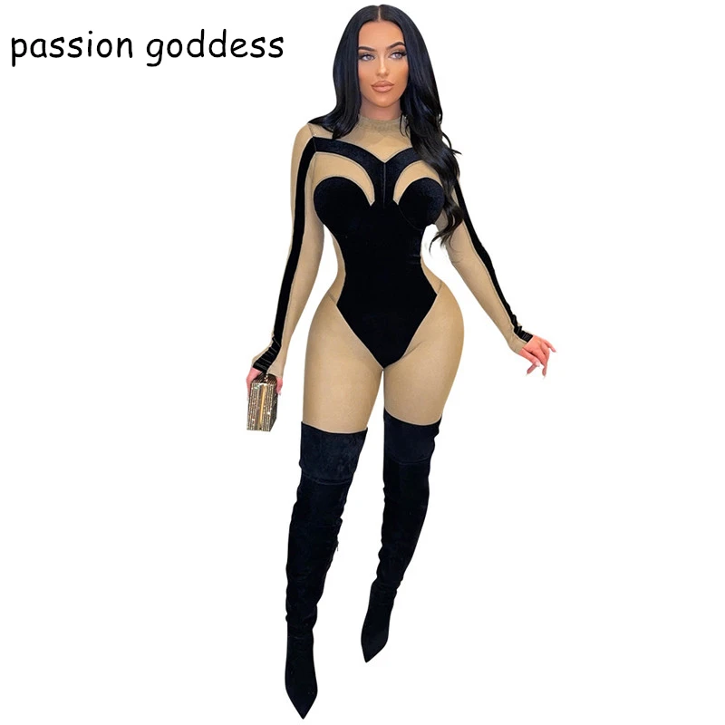 

New Fashion Spring Long Sleeve Sexy Bodycon See Through Mesh Women Jumpsuit Velvet Patchwork Zipper Club Outfits Ladies Rompers