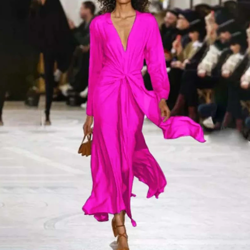 

Fashion Long Sleeve Deep V-Neck Dress Women Casual Solid Lace up Long Dress Ladies Elegant Slim Commuter Dresses 2023 Spring New