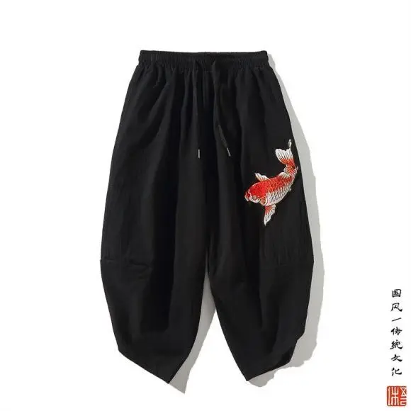 Chinese style embroidery linen cropped pants men's cotton and loose casual wide-leg plus size harem men | Мужская одежда