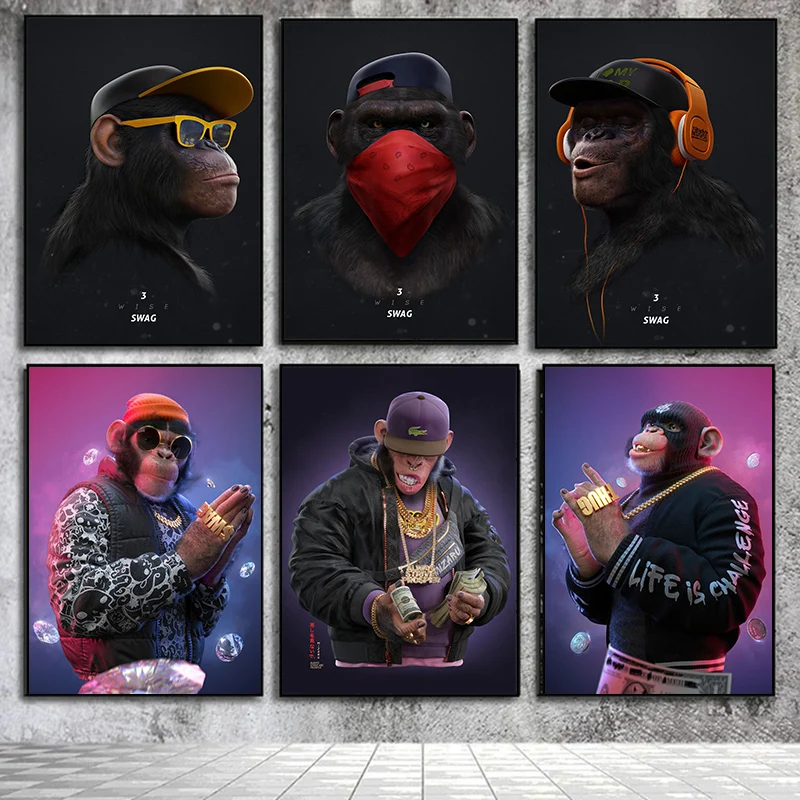 Модный трехмерный портрет Swag Monkey, картина с животными, классное настенное искусство с животными для гостиной, домашний декор