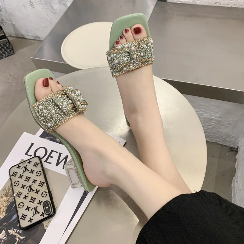 Summer sandals women's plus size slippers 2022 new fashion crystal sandals pearl open toe high heel slippers Roman shoes