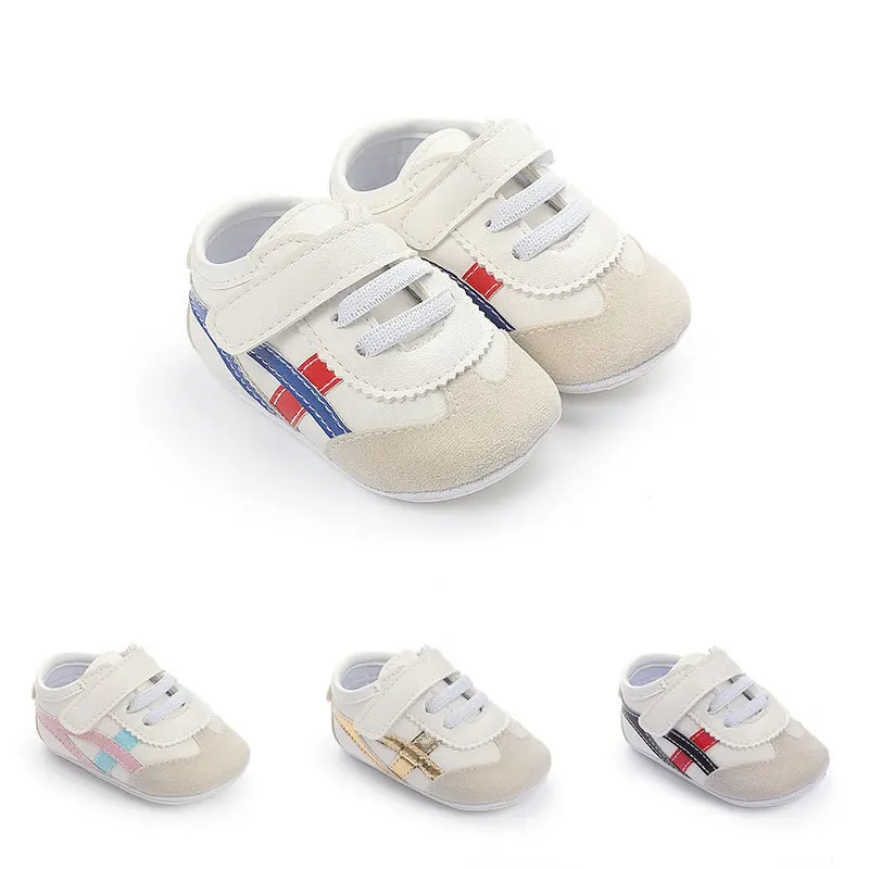 

Baby Shoes Newborn Boys Sneaker Girls Two Striped First Walkers Kids Toddlers Lace Up PU Leather Soft Soles Sneakers 0-18 Months