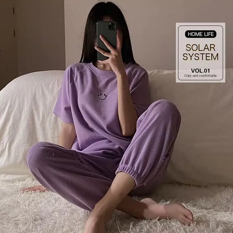 New Summer Korean Pajamas Short-sleeved Pants Pajama Loose Round Neck Wear Outside Sleepwear Large Size Women Girl Home Wear Set