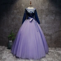elegant purple ball gown tulle appliques illusion long sleeves floor length evening dresses princess quinceanera party prom gown