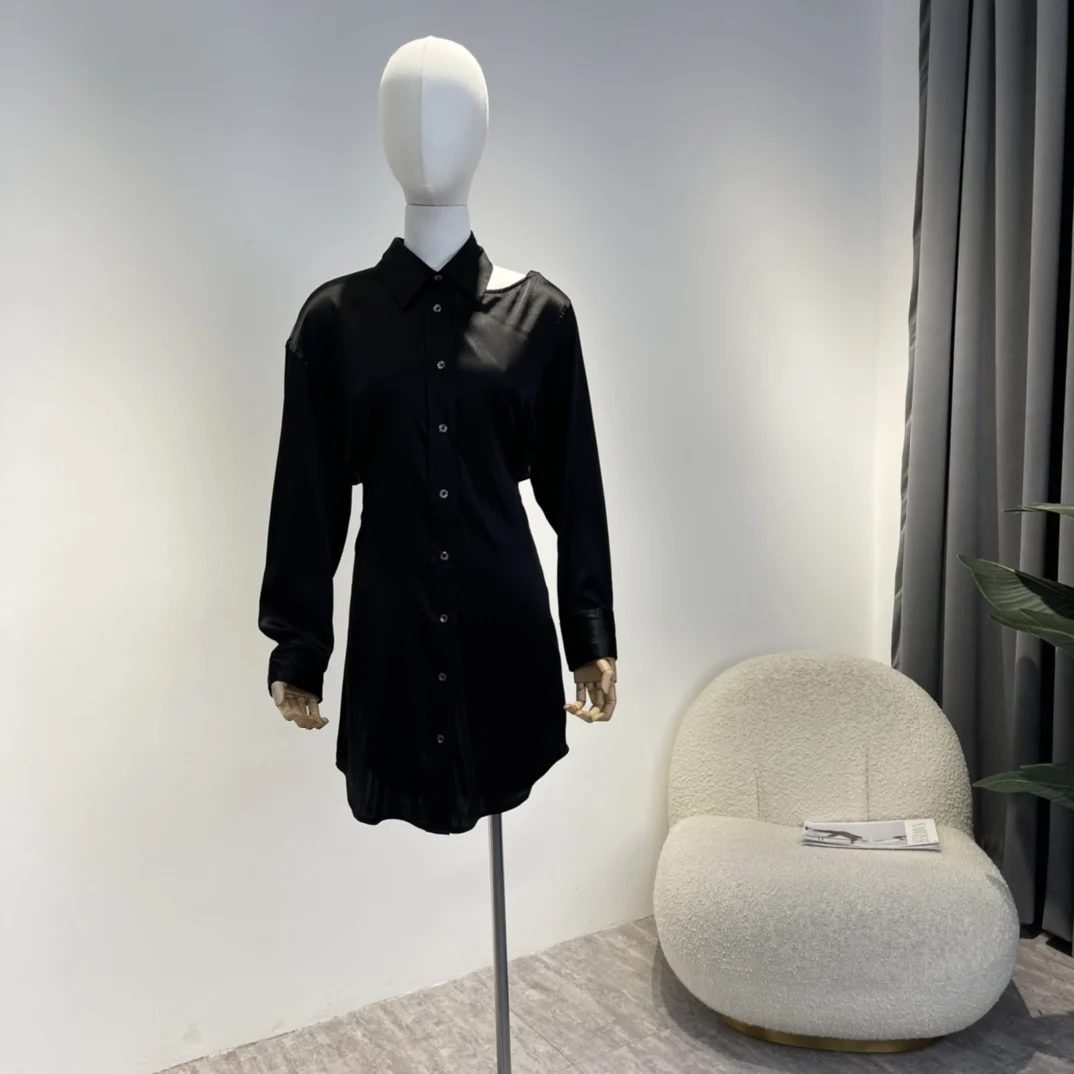 

New Arrivals Casual Cut Out Black Shirt Dress 2022 Hot Sales Real Silk Shoulder Waist Hollow Ladies Clothes