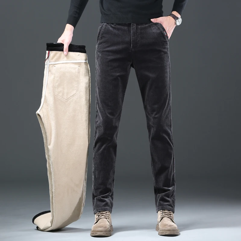 Мужские повседневные утепленные брюки темно-синие вельветовые деловые с