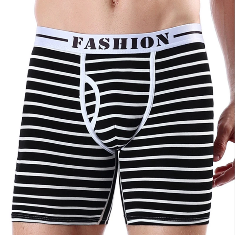 

Comfort Men Long Boxers Underwear Cotton Male Slip Panties Sexy U Convex Penis Hole Boxer Shorts Fashion Stripes Man Underpants