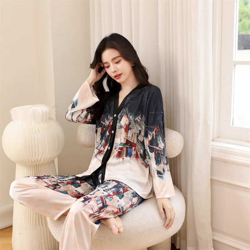 FALLINLAOE New Women's Pajamas Set Luxury Print Sleepwear V Neck Kimono Casual Homewear Satin Silk Like Nightwear Femme Petite