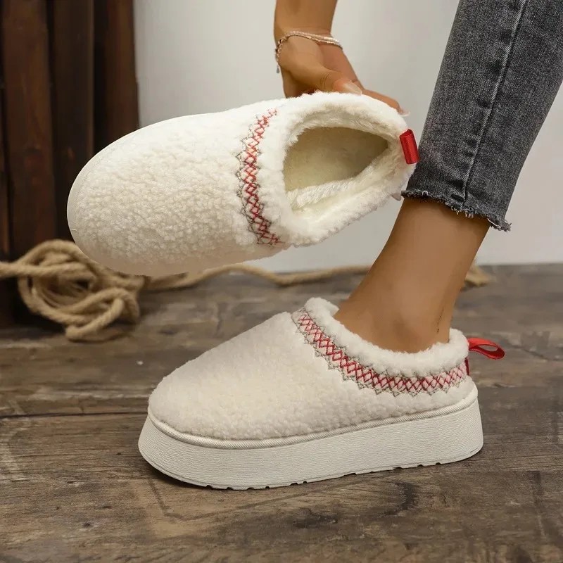 Женские ботильоны на меху теплые плюшевые шлепанцы плоской платформе брендовые