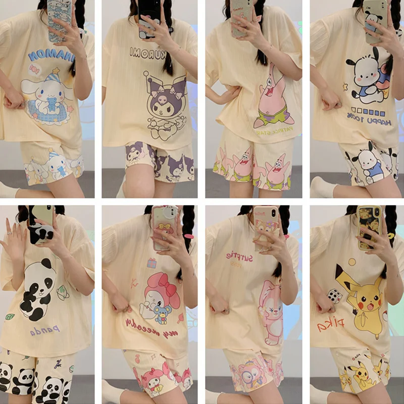 

Anime Sanrios Cartoon Kuromi My Melody Cinnamoroll Pajamas Kawaii Summer Girls Imitation Cotton Homewear Short Sleeve Shorts Set