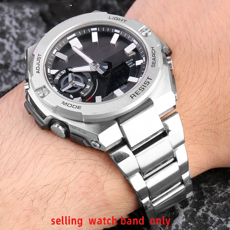 Фото Вогнутый ремешок из нержавеющей стали 316L для часов Casio G-SHOCK GST-B500 Series мужской ремешок серебристый черный браслет №4