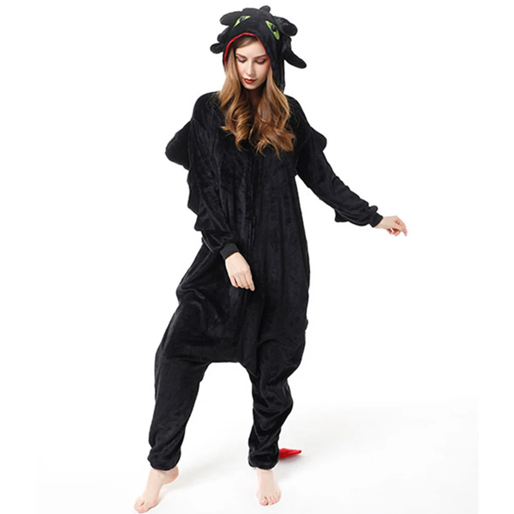 Anime Black Dragon Costume Kigurumi Onesies Pijimas Animal Winter Flannel Pajamas Unisex Adults Halloween Party Costume Jumpsuit
