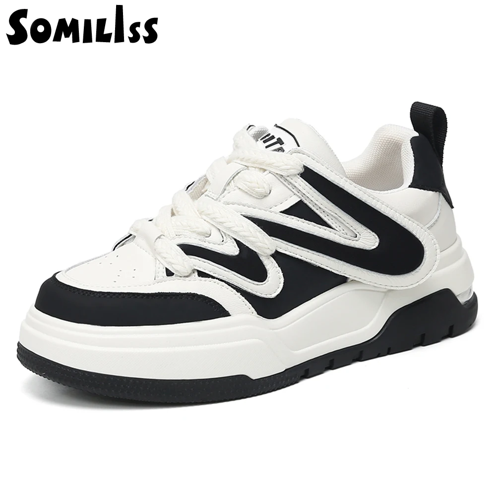 SOMILISS Women Platform Sneakers Genuine Leather Round Toe Lace Up Ladies Spring Summer Fashion Comfortable Casual Running Shoes