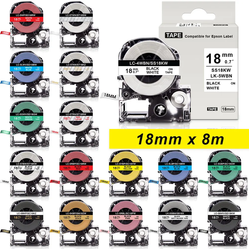 22 Colors 18mm SS18KW Tapes Compatible Epson Label LK-5WBN Cassette Ribbon Replace for Epson LW-400 LW-500 LW-700 Label Maker