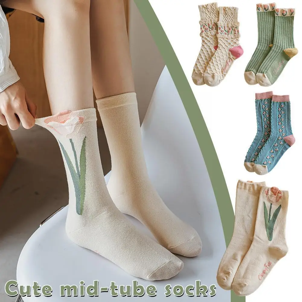 

Cute Mid-tube Socks For Fashion Women Tulip Floral Pattern Crew Socks Autumn Winter Comfortable Short Cotton Socks 4 Model O3F1