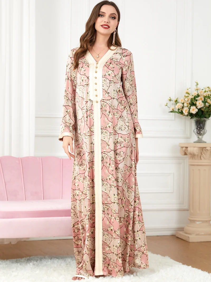 Floral Abaya for Women Printed Satin Ramadan Muslim Long Dresses Moroccan Kaftan Gulf Jalabiya Islam Dubai Turkish Modest Dress