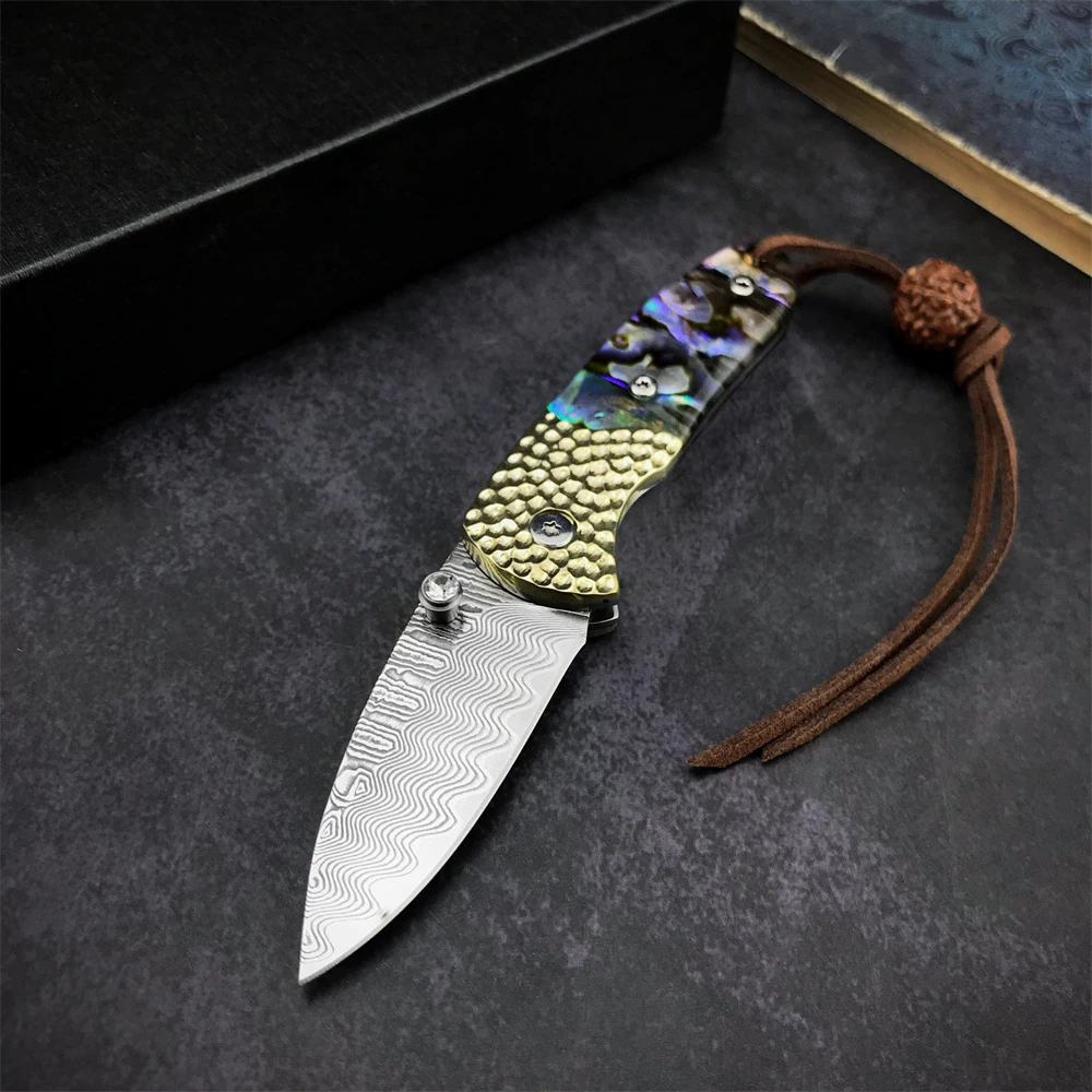 

High Quality Small Abalone Damascus Pocket Folding Knife High Hardness Brass Shell Handle with Key Rope EDC Outdoor Fruit Knife