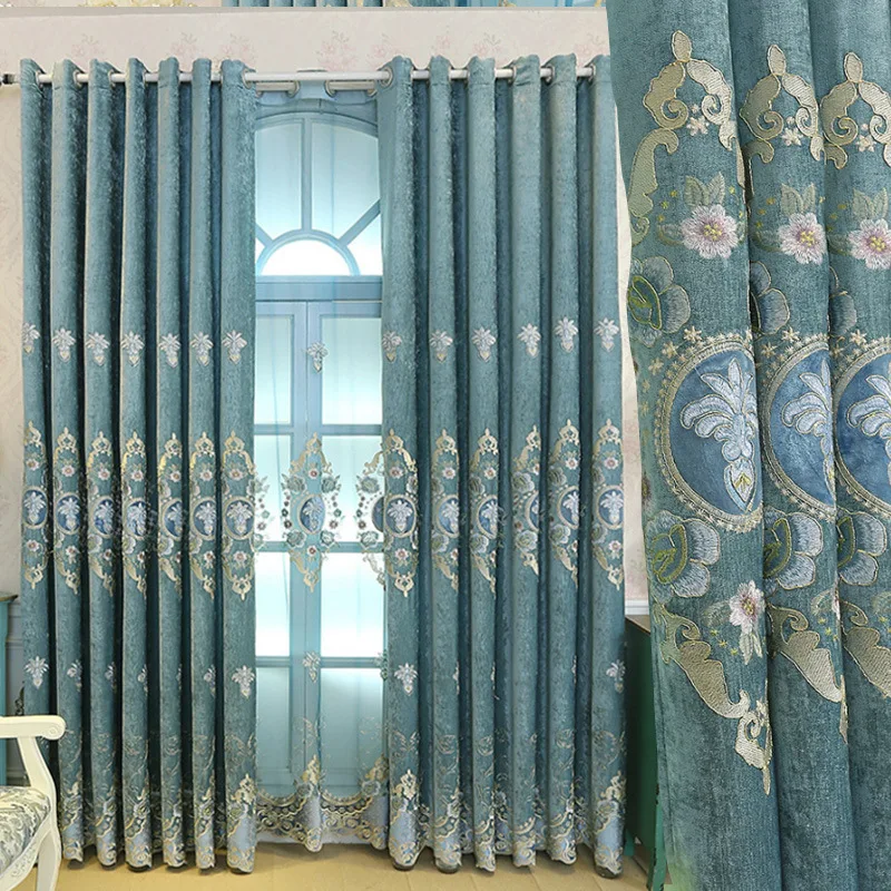 New Blue Curtains for Living Room Chenille Embroidery Classi