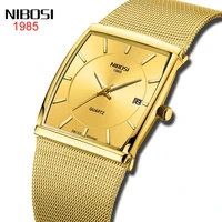 nibosi square design gold mens watches top brand luxury ultra thin wristwatches for men waterproof quartz watch relogio masculin