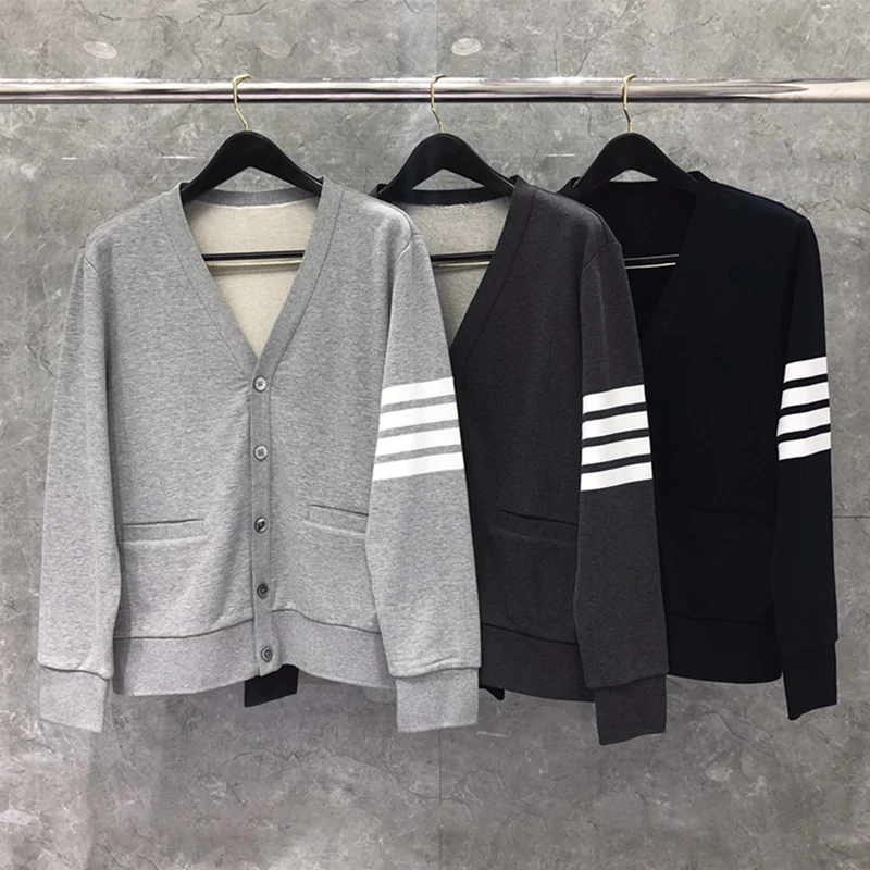 TB THOM Men Cardigan Coat V Neck 4-bar Striped Designer Sweaterrshirts High Quality Long Sleeve Slim Korean Style Outerwear