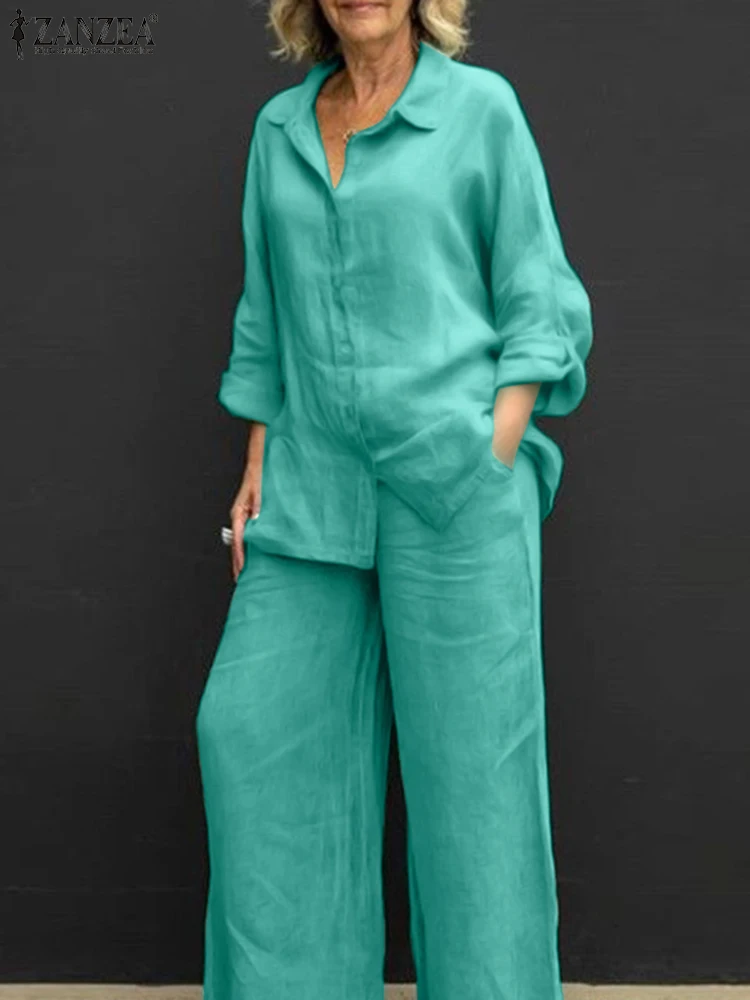 

Элегантный зелёный оригинальный комплект, стильные рубашки с отложным воротником и длинными рукавами, брюки, костюмы ZANZZEA, осенние женские ...
