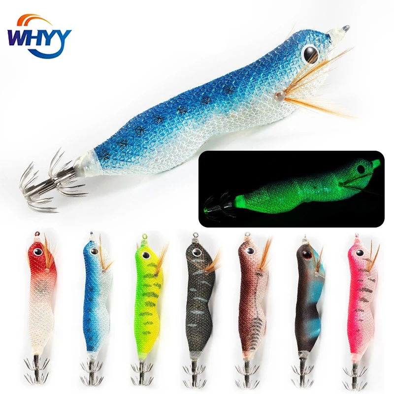 

WHYY Wood Shrimp Squid Fishing Lure Flashing LED Glow in Dark Wobbler Squid Hook Jig Artificial Lure jigging Lure Octopus Bait