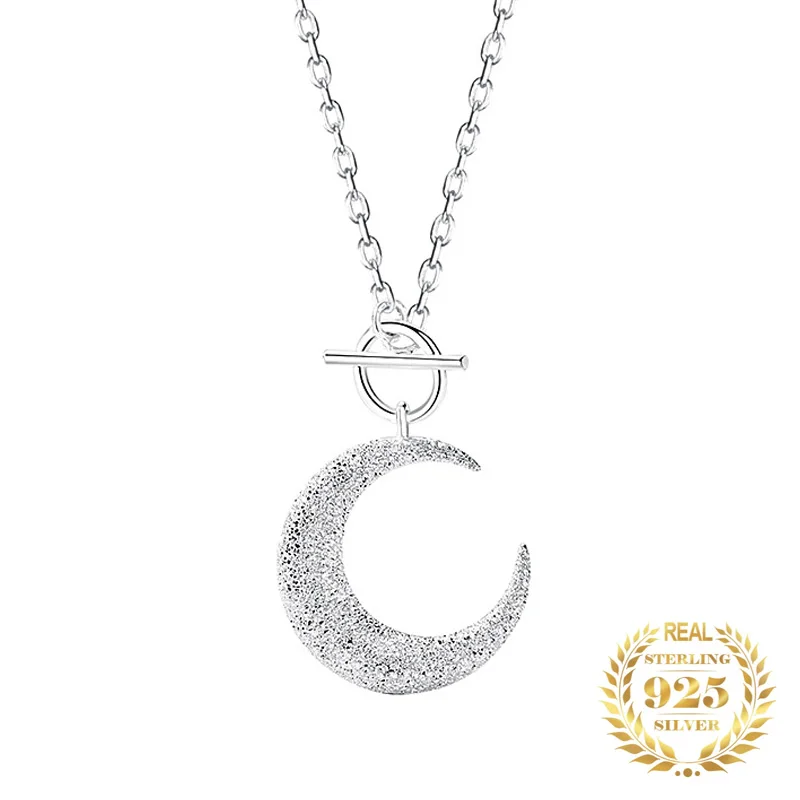 

Korean Fashion Frosted Crescent Moon Star Pendant Necklace for Women 925 Sterling Silver Real Elegant Fine Jewelry