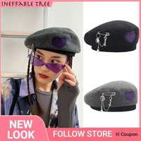 y2k gothic handmade wool felt heart embroidered buckles movable pins womens beret punk hat grunge