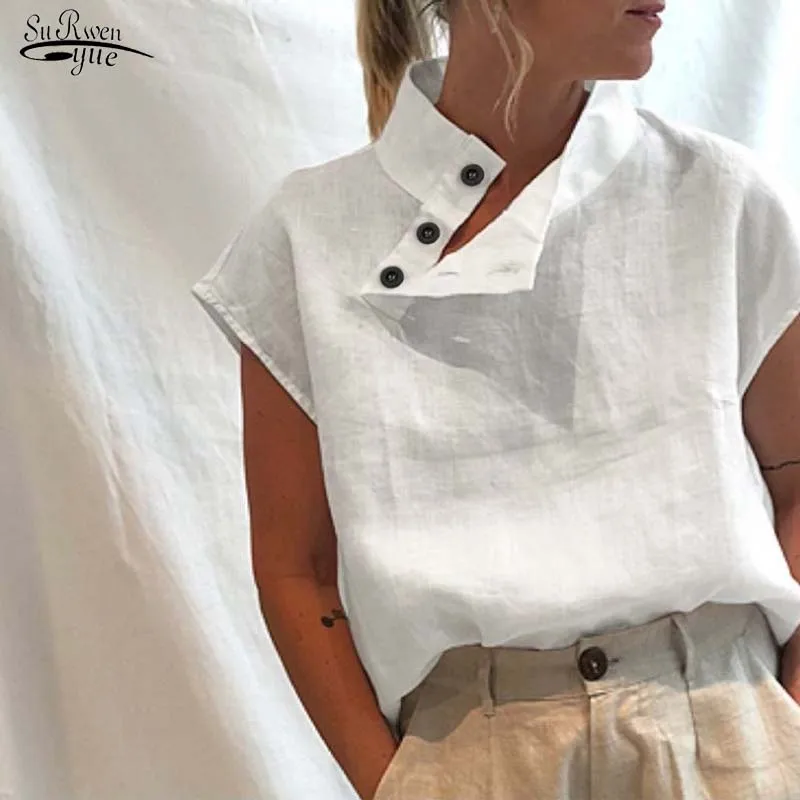

Women Short Sleeve Blusas 2022 Summer Cotton Linen Shirts Fashion Oversized Blouses Casual Loose Camisas Solid Tunic Tops 18898