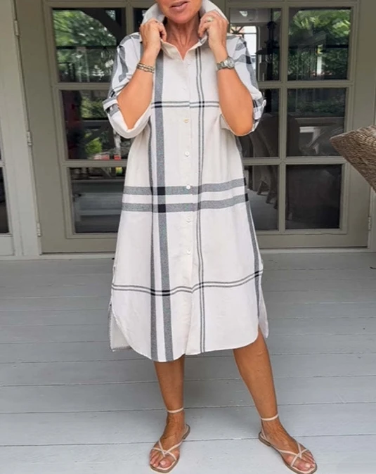 

Women's Straight Dress 2023 New Casual Loose Shirt Dress Fashion Stripe Print Lapel Simple Half Sleeve High Waist Slit Dress