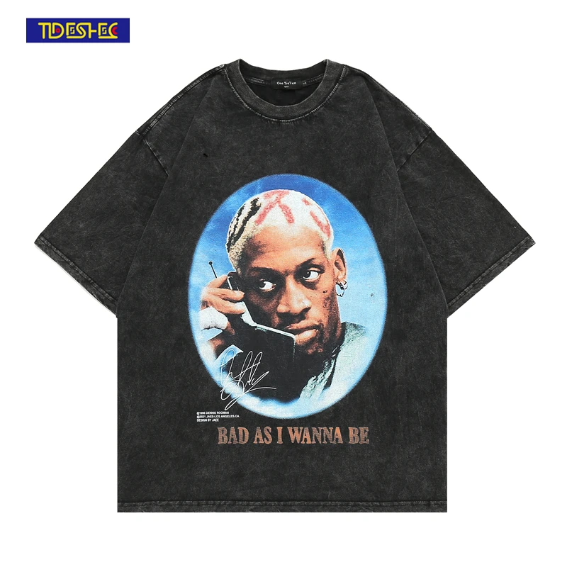 TIDESHEC 2022 Men's T-shirt Punk Streetwear Dennis Rodman Print T-shirt Oversize T Shirt Loose Casual Men Women Washed Tee