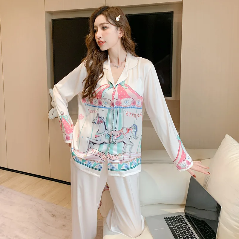 Pajamas Women's Ice Silk 2023 Spring New Long Sleeve Trousers Suit Cartoon Dream Rotating Carriage Home Wear
