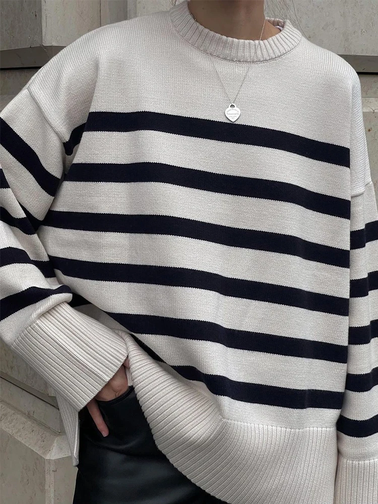 

Женский свитер, вязаный крючком свитер с круглым вырезом, Свободный Повседневный вязаный пуловер, свитер в полоску с длинным рукавом, женский зимний свитер 2023