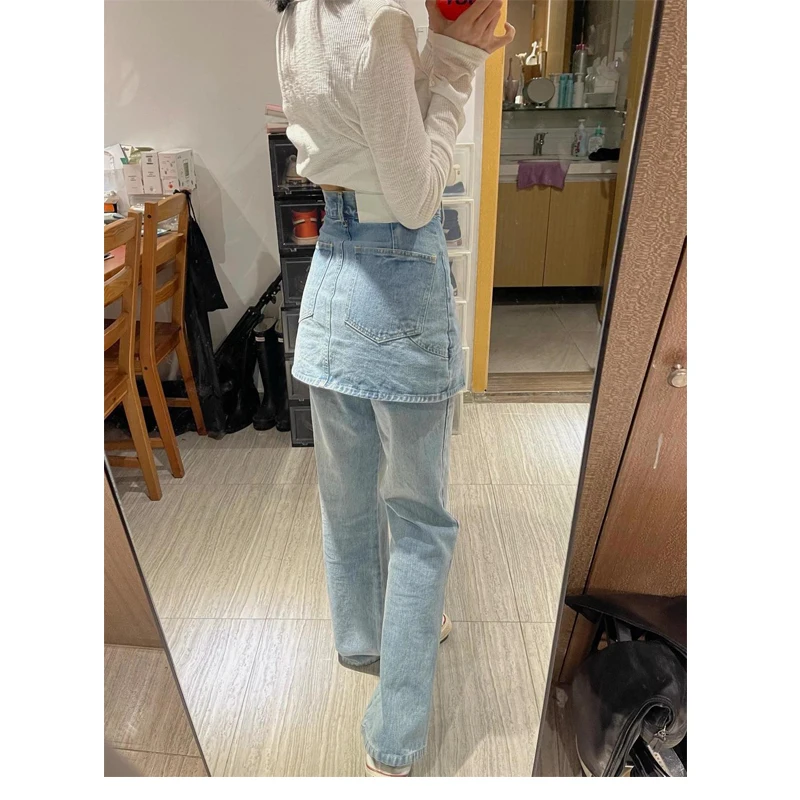 

SuperAen Fake Two-piece Jeans Women Spring 2022 New High Street Hottie Patchwork Wide Leg Straight Pants