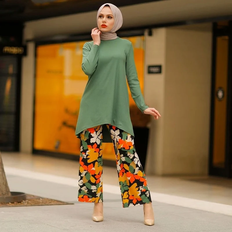 Muslim Suit Ramadan Two Piece Set For Women Top And Pants Matching Modest Turkey Dubai Arab Sets Hijab Double Islamic Clothing