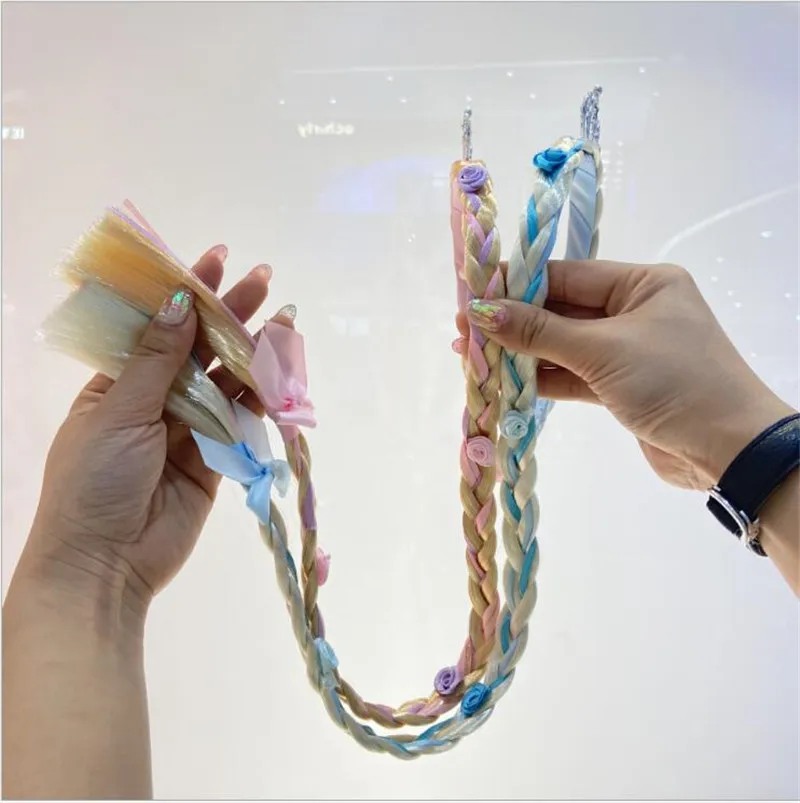 Детская плетеная повязка на голову с цветами розовая синяя фиолетовая