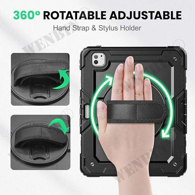 Фото Чехол для iPad Pro 11 M4 M5 2024 2025, прочный, с вращающейся ударопрочной подставкой, ремешком для руки и плечевым ремнем, черный чехол. №4