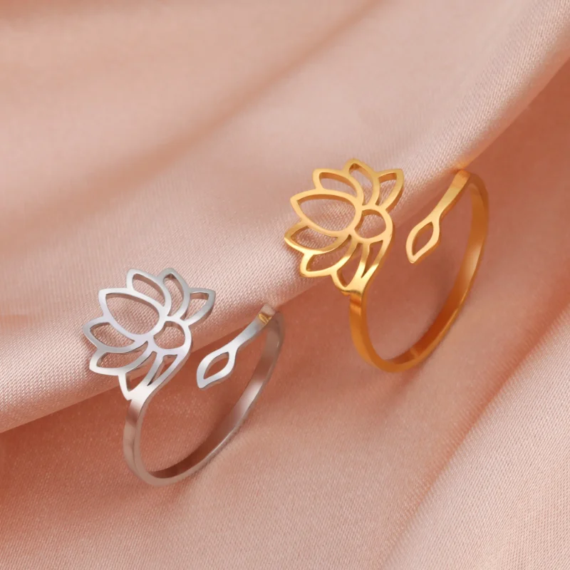 

Stainless Steel Lotus Flower Rings for Women Vintage Jewelry 2023 Adjustable Buddha Yoga Wedding Mother Bague Gift