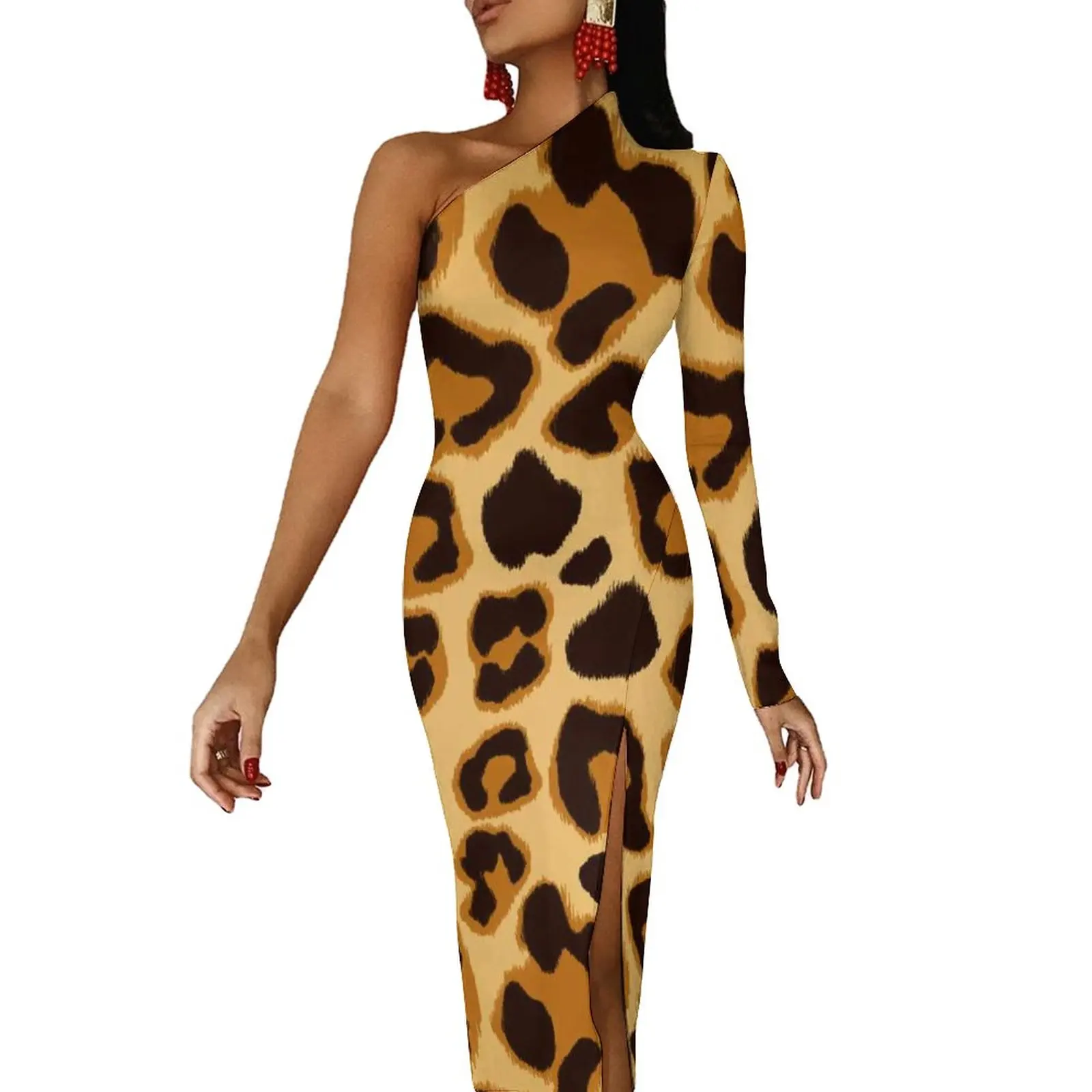 

Leopard Print Side Split Bodycon Dress Womens Dark Burnt Orange Spots Elegant Maxi Dress Spring Aesthetic Pattern Dresses Gift