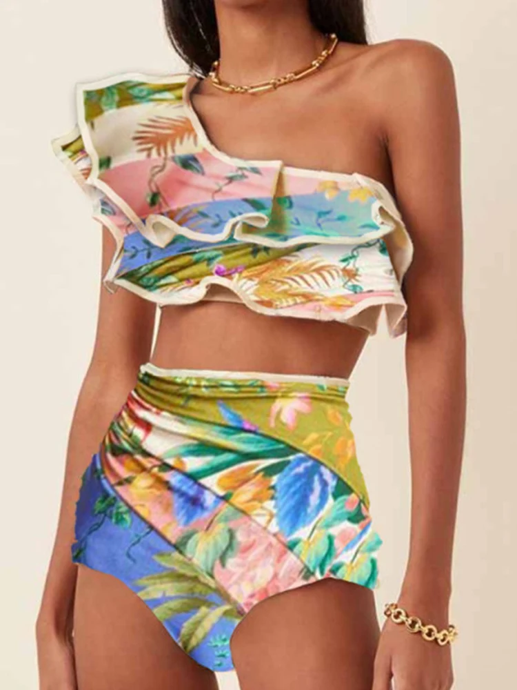 

Colorblock Print Bikini One-Shoulder Ruffled Monokini Swimsuit 2023 Two-pieces Swimwear Summer Beach Swimming Suit for Women