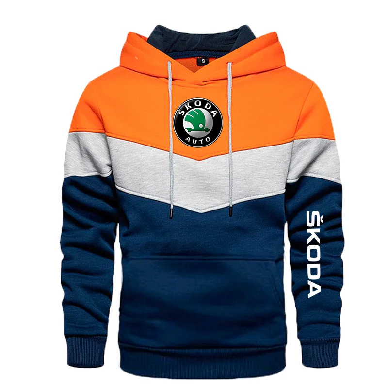 

New Spring Autumn Men's Skoda Logo Patchwork Color Pullover Long Sleeve Hoodie Fashion Cotton Sweatshirt 5 Colors
