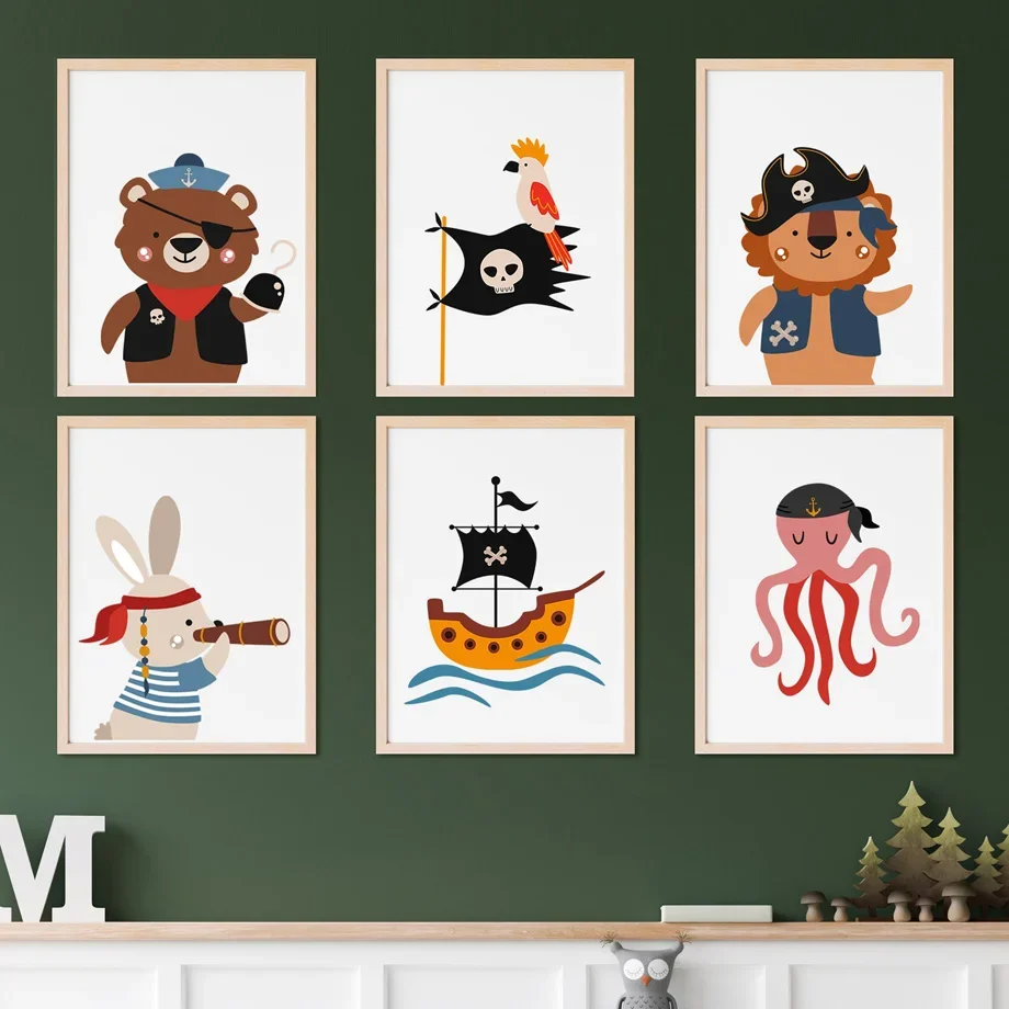 Животные пиратский корабль медведь Лев Кролик океан настенная Картина на холсте