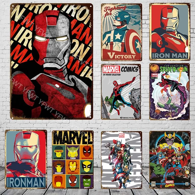 

Металлический постер комиксов Marvel, жестяной знак, винтажная металлическая пластина Железного человека, Капитана Америка, ретро-пещера для ...