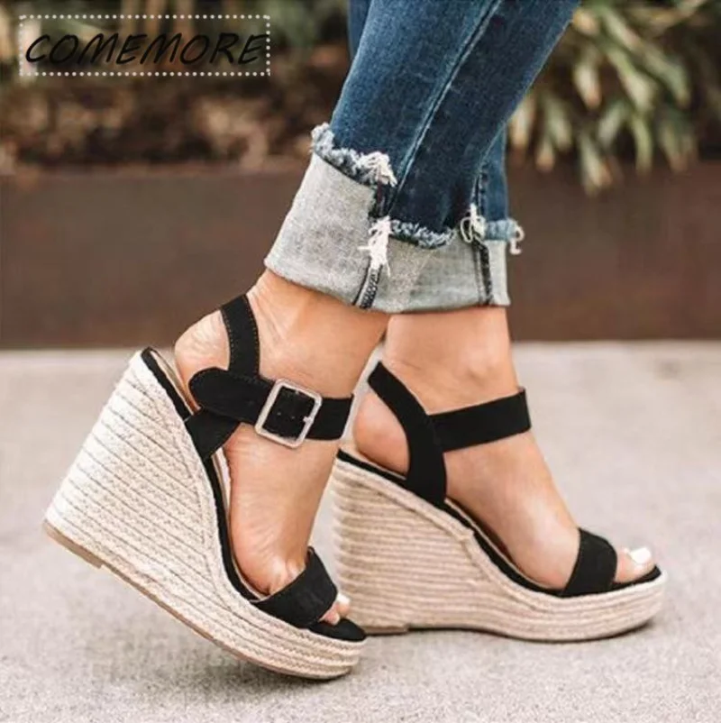 

Women Summer Butterfly Knot Solid Black Open Toe Sandals Fashion Platform High Heels Wedge Shoes Ankle Bowtie Dress Shoes 35~42