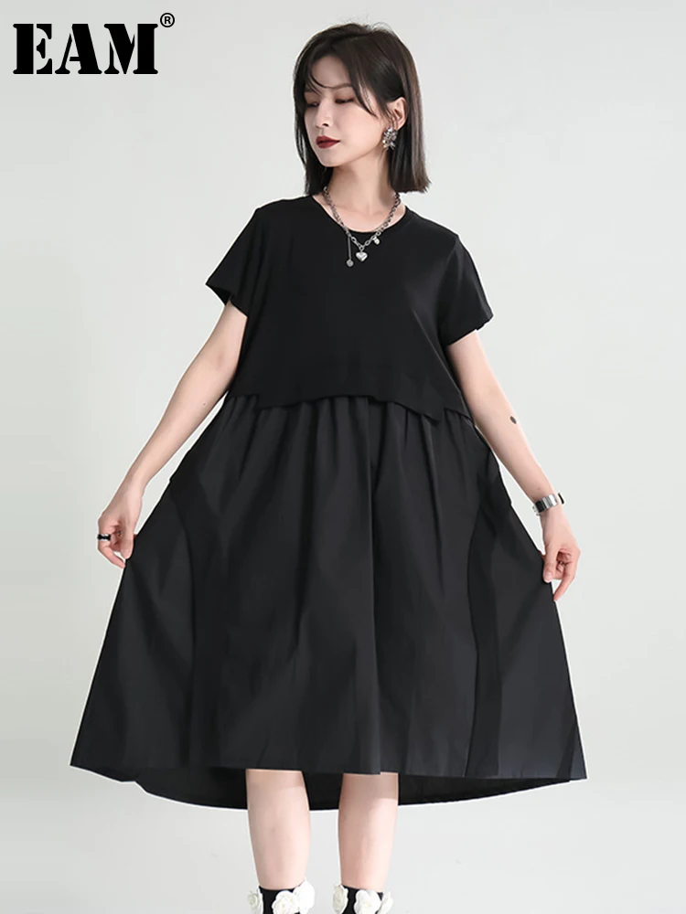 

[EAM] Women Black Irregular Long Casual Dress New Round Neck Short Sleeve Loose Fit Fashion Tide Spring Summer 2022 1DE8453