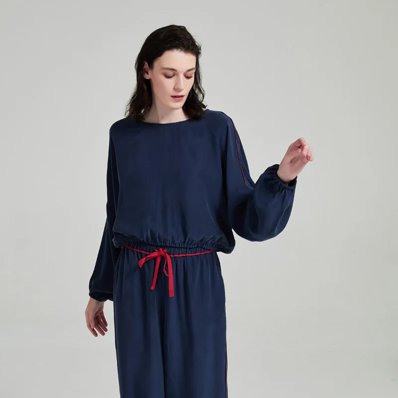 2022 NEW Summer 19mm 100%Silk Pajamas Set Women Silk Homewear Sleepwear Navy Blue High Quality Clothing