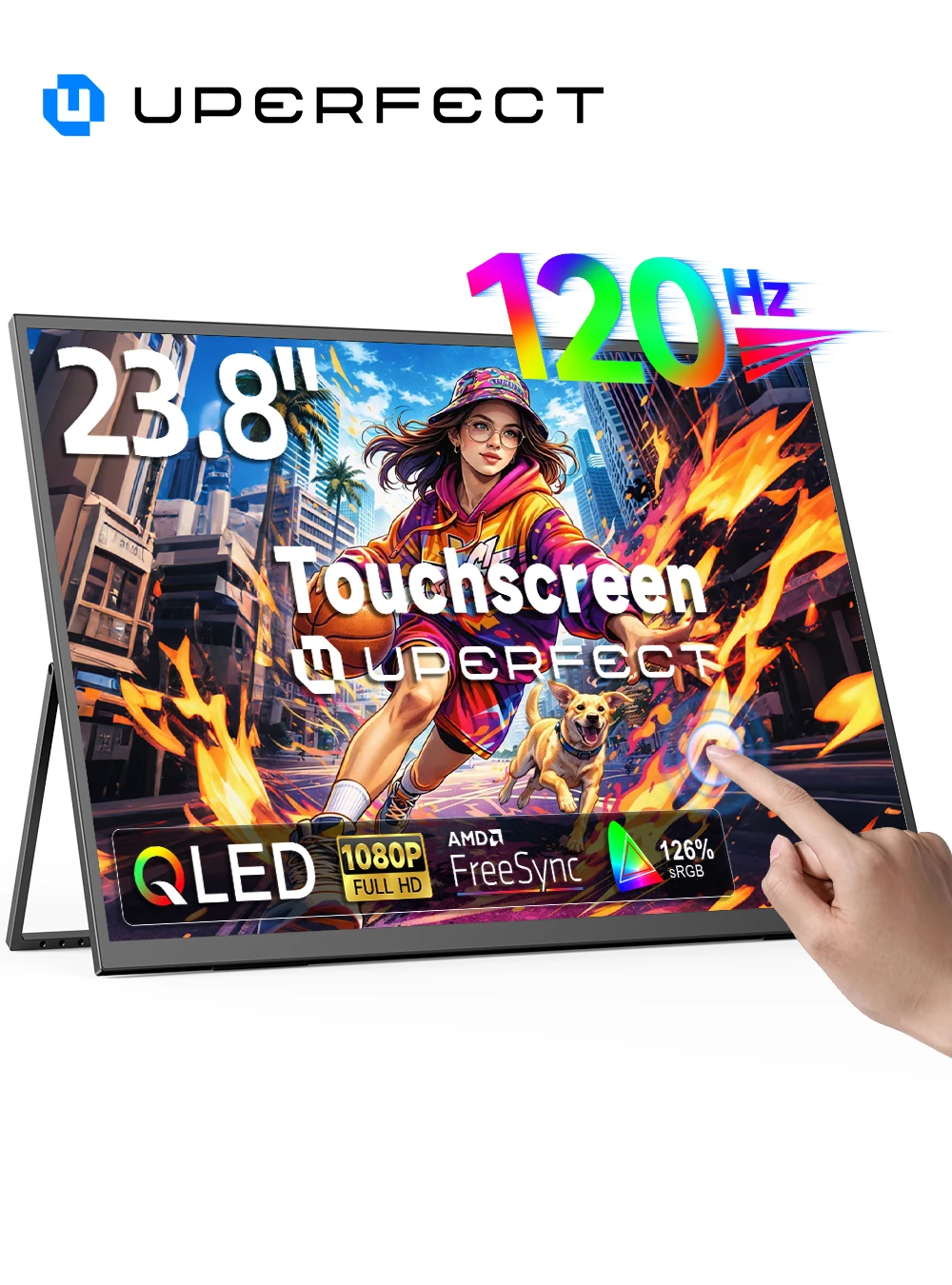 Фото Идеальный QLED 23,8-дюймовый портативный сенсорный монитор 120 Гц, разрешение 1080p, HDR, Freesync, яркость 380 нит, внешний компьютерный дисплей для ноутбука, телефона, ПК, Mac, Xbox, PS4. №1