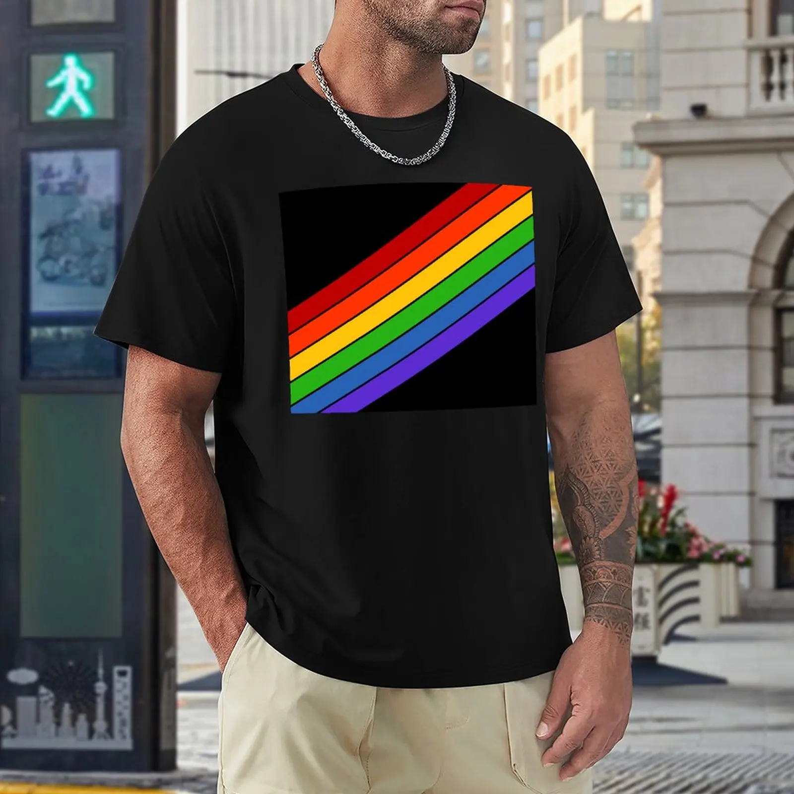 

T-shirts Diagonal Rainbow Stripe Vintage Leisure USA Size top Quality