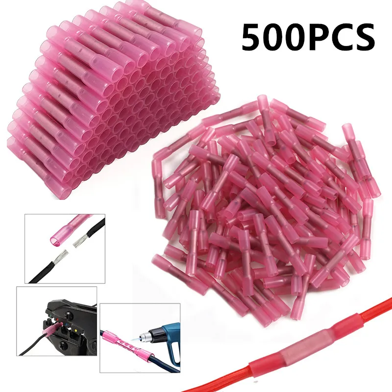 

500/1000PCS Red Heat Shrink Connectors Insulated Waterproof Crimp Terminals Seal Butt Electrical Wire Connector 22-18 AWG