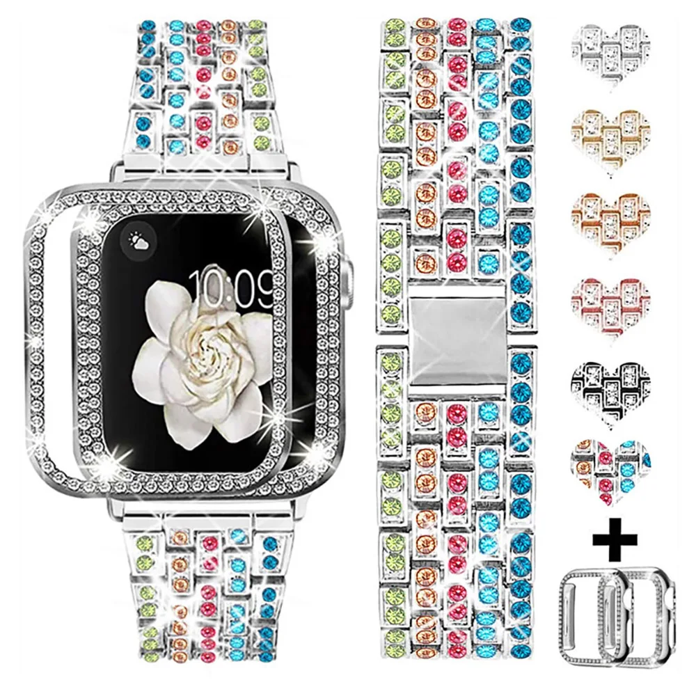 Women Strap with Case For Apple Watch 45mm 41mm 44mm 42mm 40mm 38mm Metal Diamond Bracelet Wristband for iWatch 8765432 SE Cover